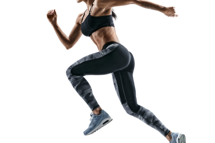 Woman runner in silhouette on white background. Dynamic movement. Side view Woman runner in silhouette on white background. Dynamic movement. Side view